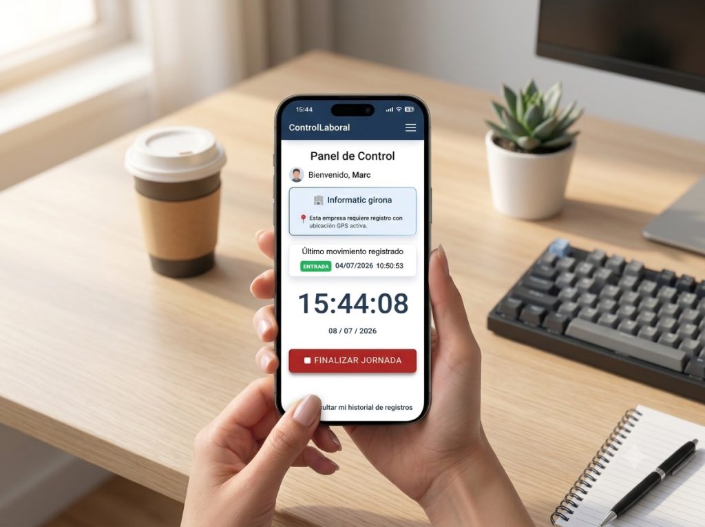 Mockup de la aplicación de control horario para trabajadores en un teléfono móvil. Se muestra la interfaz limpia de ControlLaboral con un botón grande para finalizar la jornada y el aviso de registro por GPS en una oficina