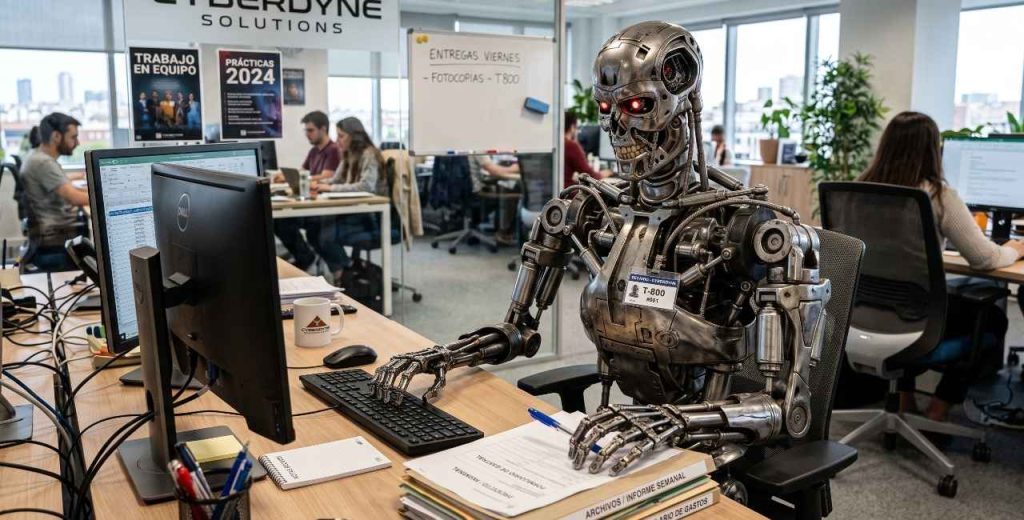 Un robot endoesqueleto de metal brillante, similar a un Terminator con ojos rojos iluminados, sentado en un escritorio de oficina moderna. Lleva una acreditación con el nombre "T-800" y está tecleando en un ordenador rodeado de carpetas con informes, un cuaderno y bolígrafos, mientras otros empleados trabajan al fondo bajo un cartel de "Cyberdyne Solutions".